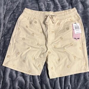Men's Tan Board Shorts with Embroidered Accents